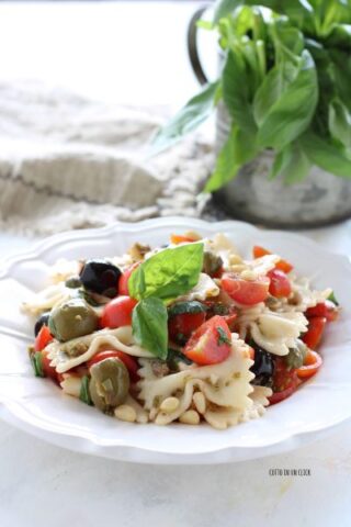 riponete l'insalata di pasta alla mediterranea in frigorifero e servitela fredda