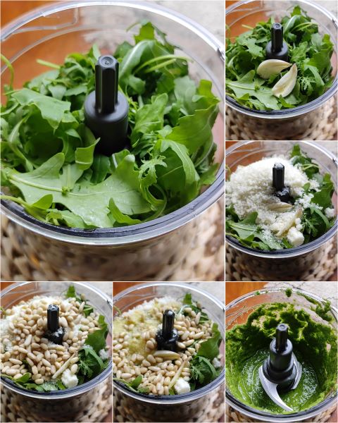 preparazione del pesto di rucola