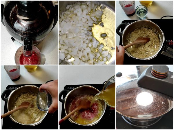 preparazione del risotto al melograno e prosecco