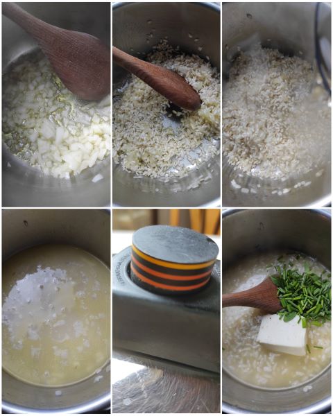 preparazione del risotto con taleggio e erbe aromatiche