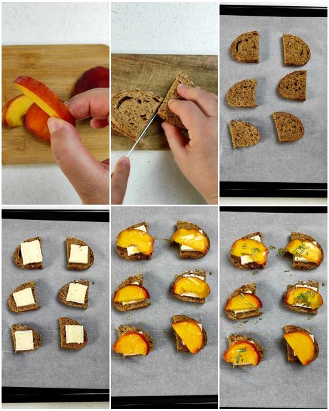 preparazione delle bruschette con brie pesca e rosmarino