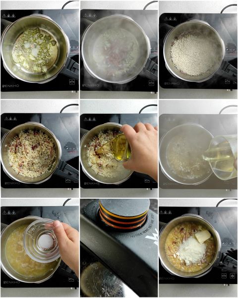 preparazione del risotto alla birra e speck in pentola a pressione
