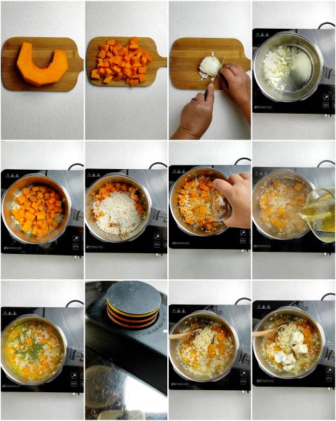 preparazione del risotto zucca e gorgonzola