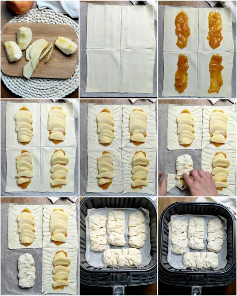 preparazione delle trecce di pasta sfoglia con mele e marmellata