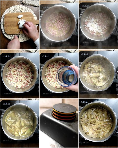 preparazione del risotto con carciofi e pancetta