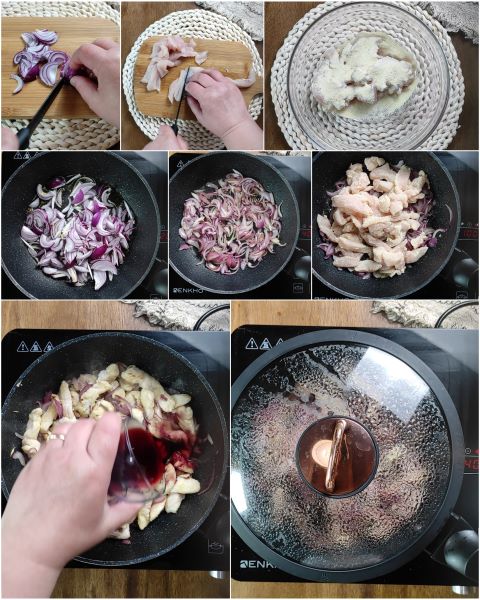 preparazione degli straccetti di pollo con cipolle