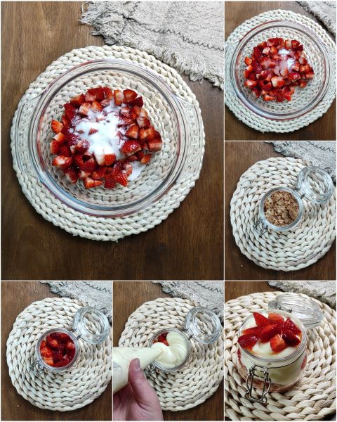 preparazione del dolce al cucchiaio con fragole