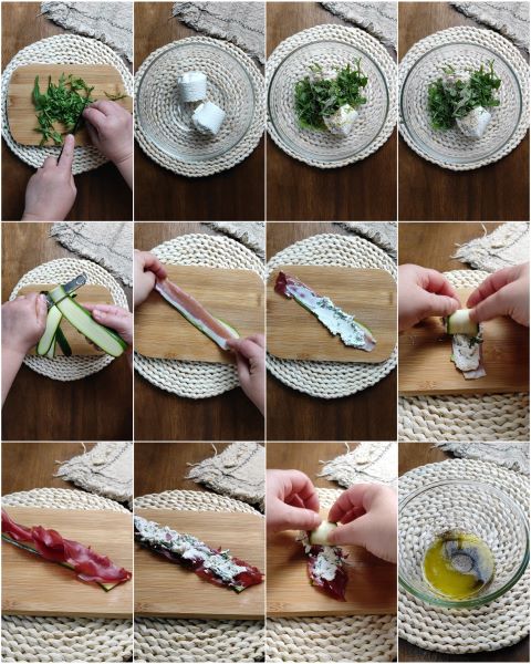 preparazione degli involtini di zucchine con prosciutto e formaggio