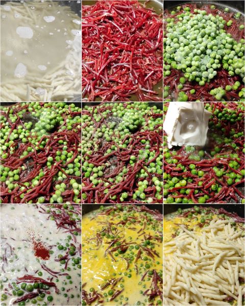 preparazione della pasta con bresaola e piselli