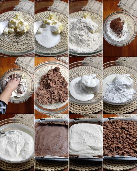 preparazione della sbriciolata al cacao con crema allo yogurt
