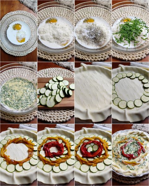 preparazione della torta salata con peperoni e zucchine