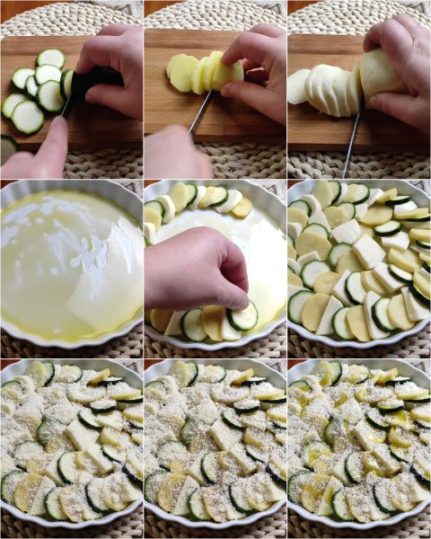 preparazione delle patate e zucchine al forno