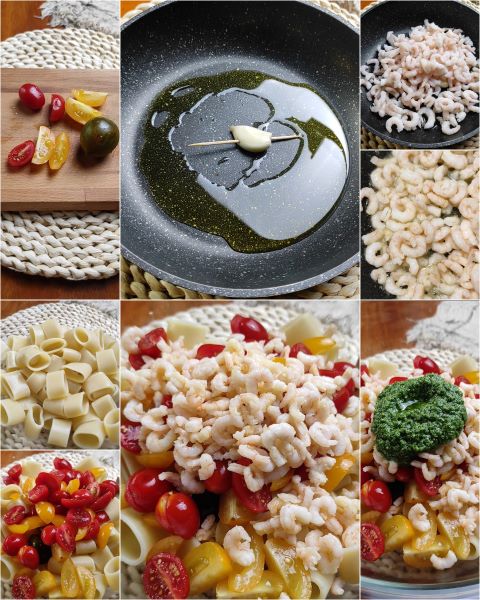 Calamarata fredda con pomodorini, gamberetti e pesto di rucola - Cotto ...
