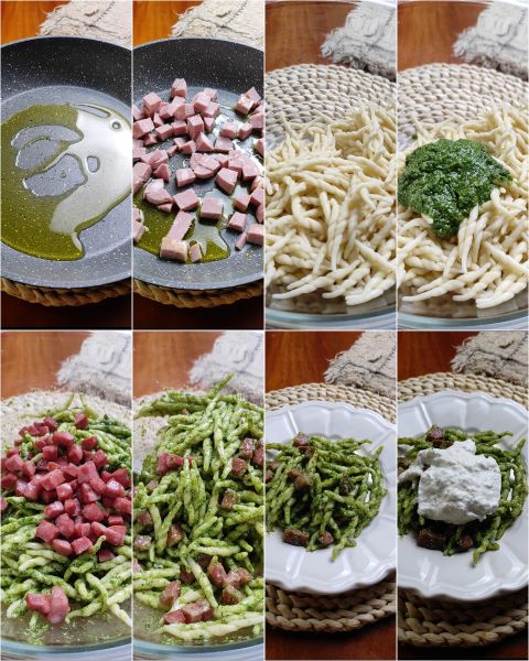 preparazione della pasta fredda con pesto di rucola