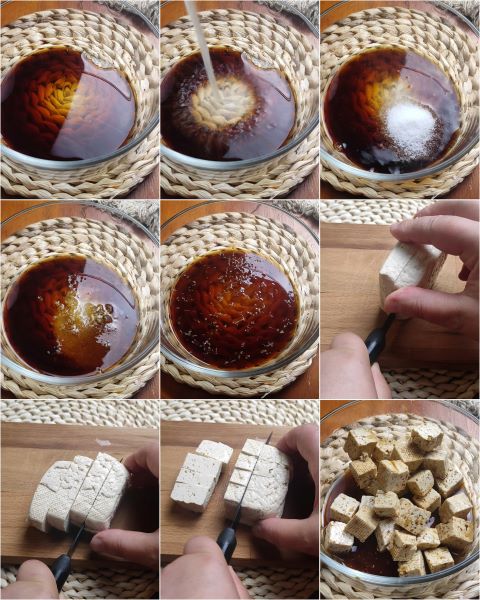 tagliate a cubetti il tofu e lasciatelo marinare nell'emulsione