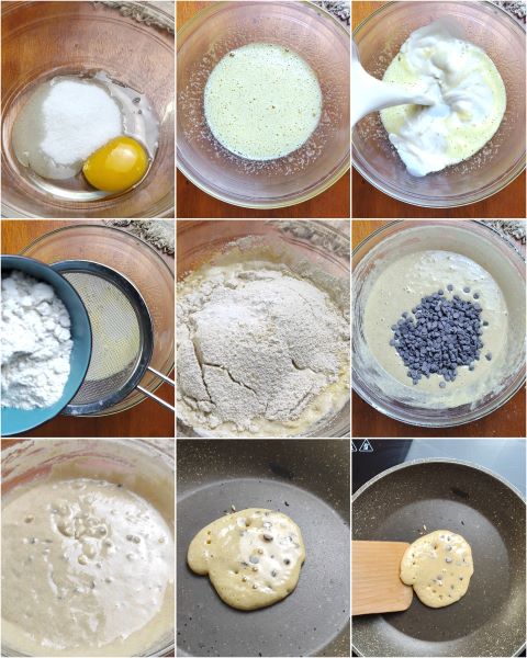 preparazione dei pancake avena e gocce di cioccolato