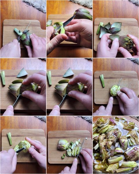 pulite i caciofi e lasciateli in una bacinella con acqua e limone