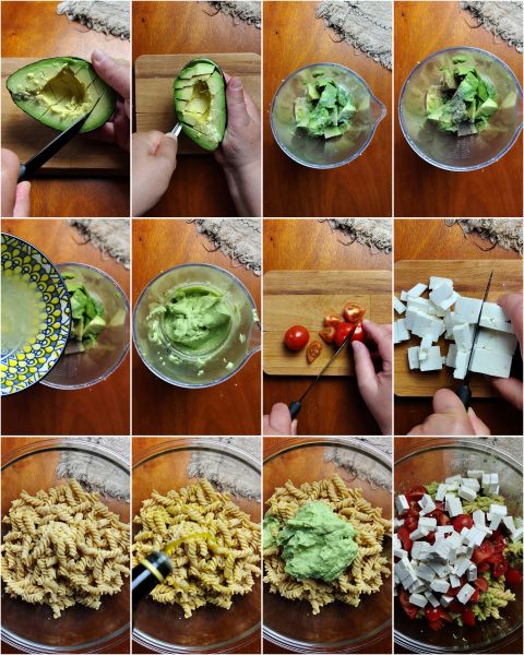 preparazione della pasta con crema di avocado e pomodorini