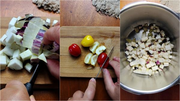 taglia le melanzane a cubetti e falle rosolare nella pentola con aglio e olio