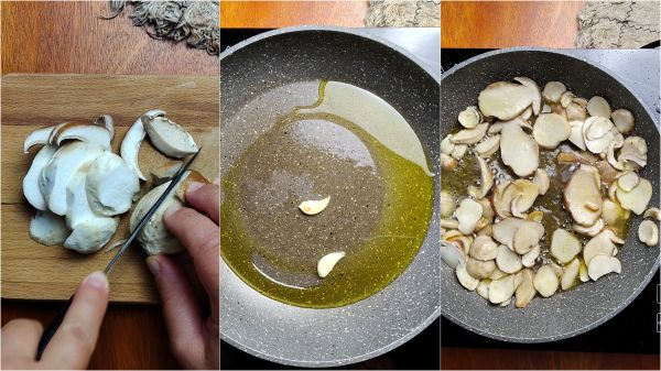 pulite i funghi, tagliateli a fette e cuoceteli in padella con l'aglio