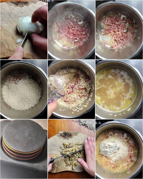 preparazione del risotto gorgonzola, speck e noci in pentola a pressione