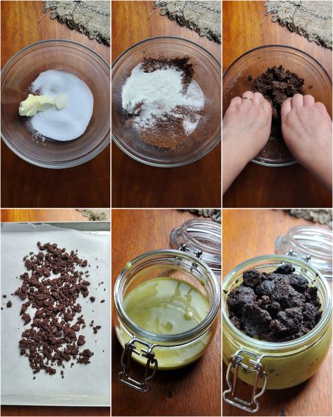 preparazione del cremoso al pistacchio con crumble al cacao