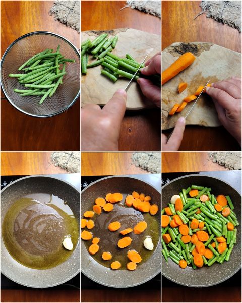 preparazione dei fagiolini e carote in padella