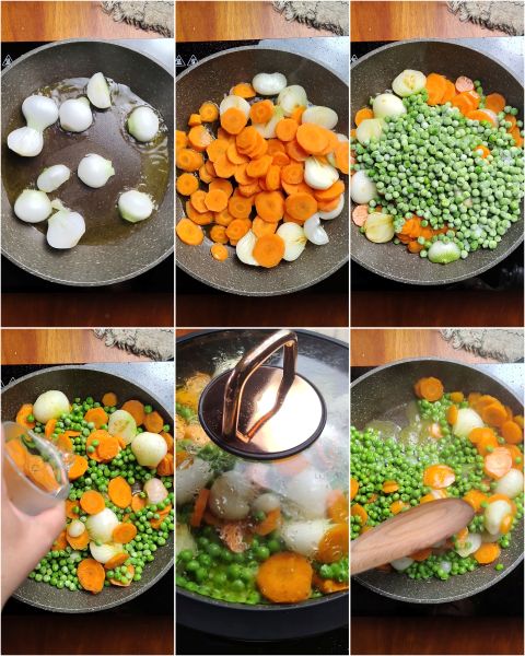 preparazione dei piselli in padella con carote e cipolline