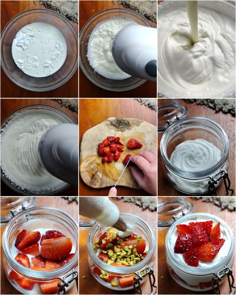 preparazione della mousse allo yogurt con fragole e pistacchio