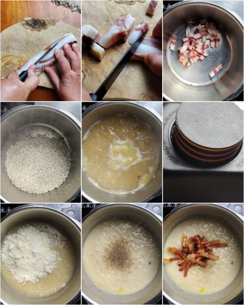 preparazione del risotto alla gricia in pentola a pressione