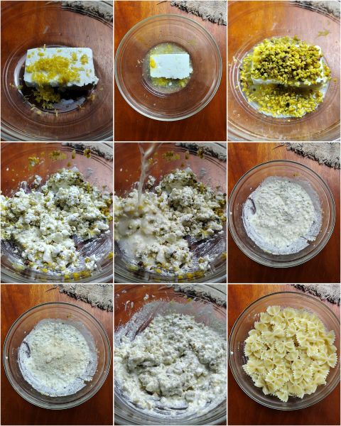 preparazione della pasta limone e feta cremosa