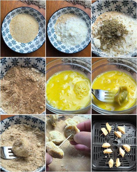 preparazione degli spiedini di ravioli croccanti in friggitrice ad aria