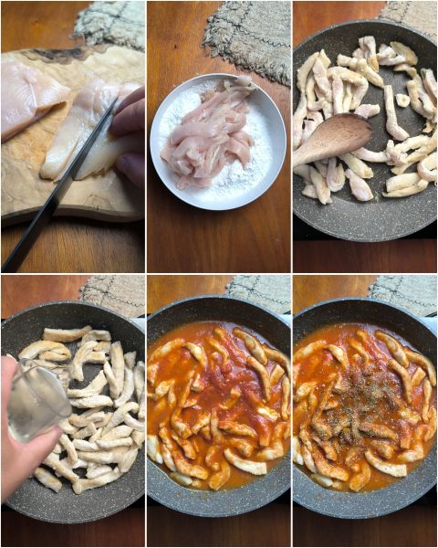 preparazione degli straccetti di pollo cremosi al pomodoro e origano