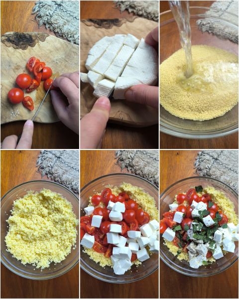 preparazione del cous cous pomodorini, primo sale e menta