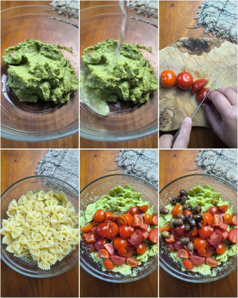 preparazione della pasta fredda con pesto di zucchine, pomodorini e olive taggiasche