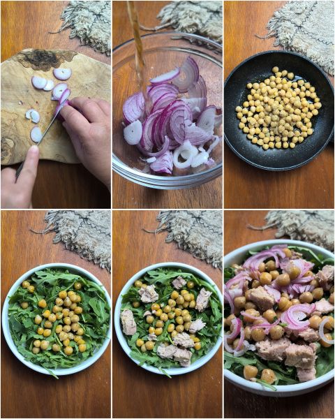preparazione dell'insalata di ceci, tonno e cipolla