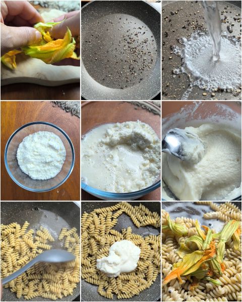 preparazione della pasta cacio pepe e fiori di zucca