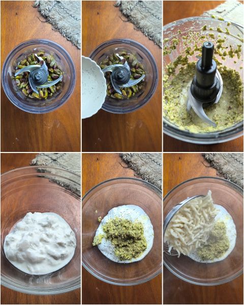 preparazione della pasta con crema di stracciatella e pistacchi
