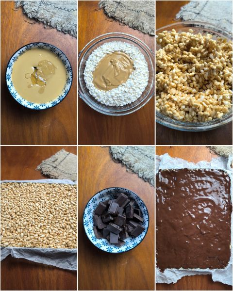 preparazione delle barrette riso soffiato, burro d'arachidi e cioccolato fuso