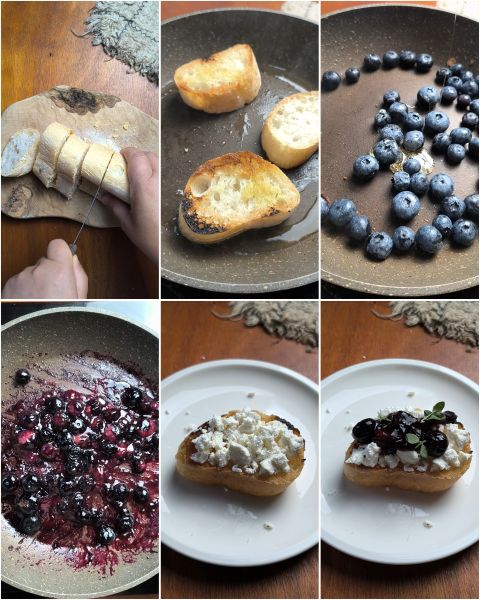 preparazione delle bruschette feta e mirtilli