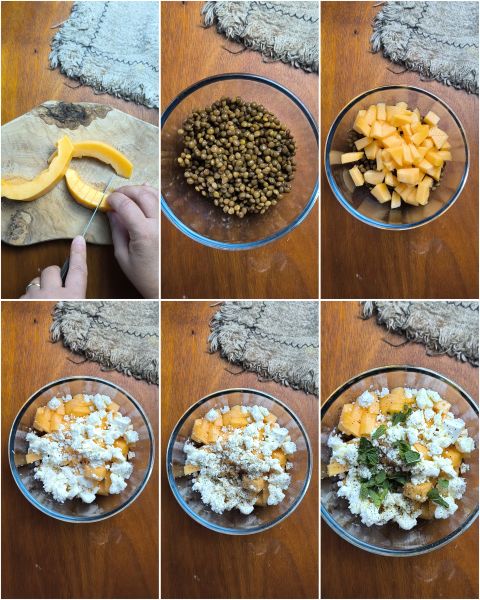 preparazione dell'insalata di lenticchie con feta, melone e menta