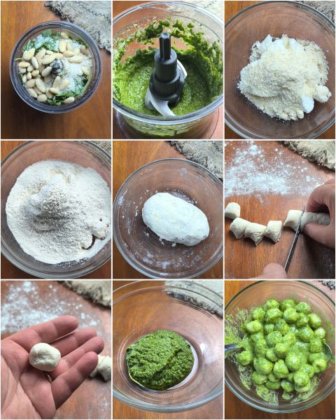 preparazione degli gnocchi con pesto di rucola e mandorle