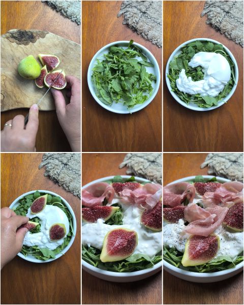 preparazione dell'insalata di fichi, mozzarella di bufala e crudo