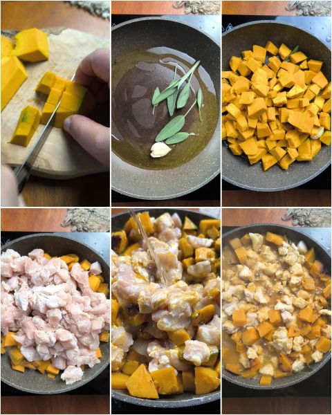 preparazione dei bocconcini di pollo alla zucca e salvia