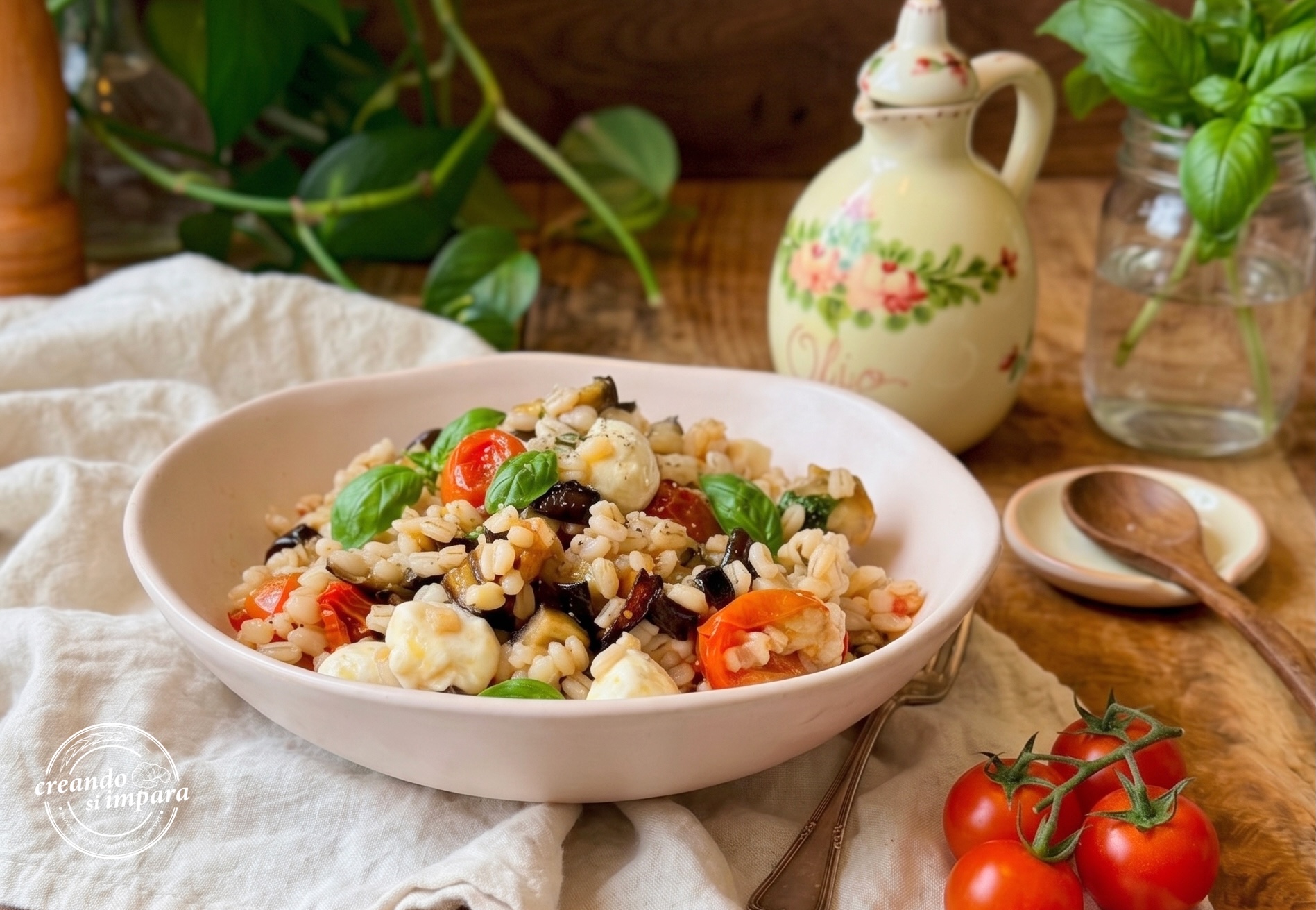 orzo freddo con melanzane e pomodorini al forno