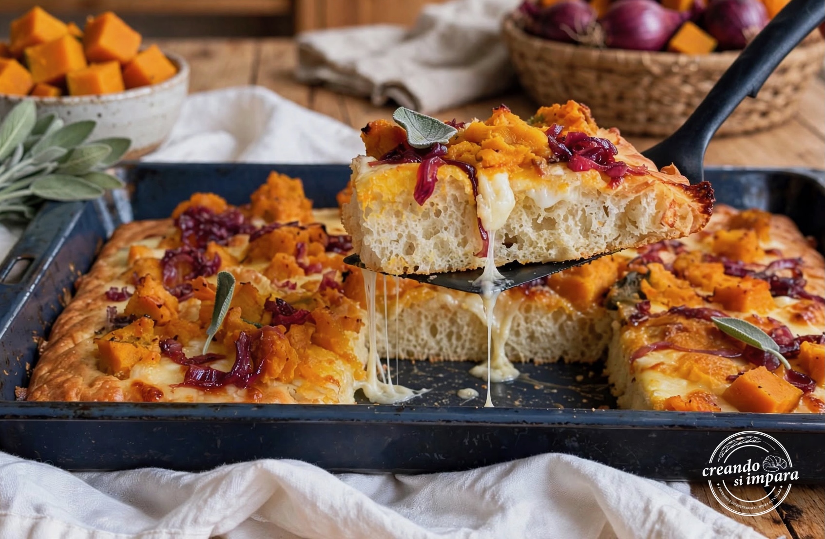 Focaccia con zucca, mozzarella e cipolle caramellate