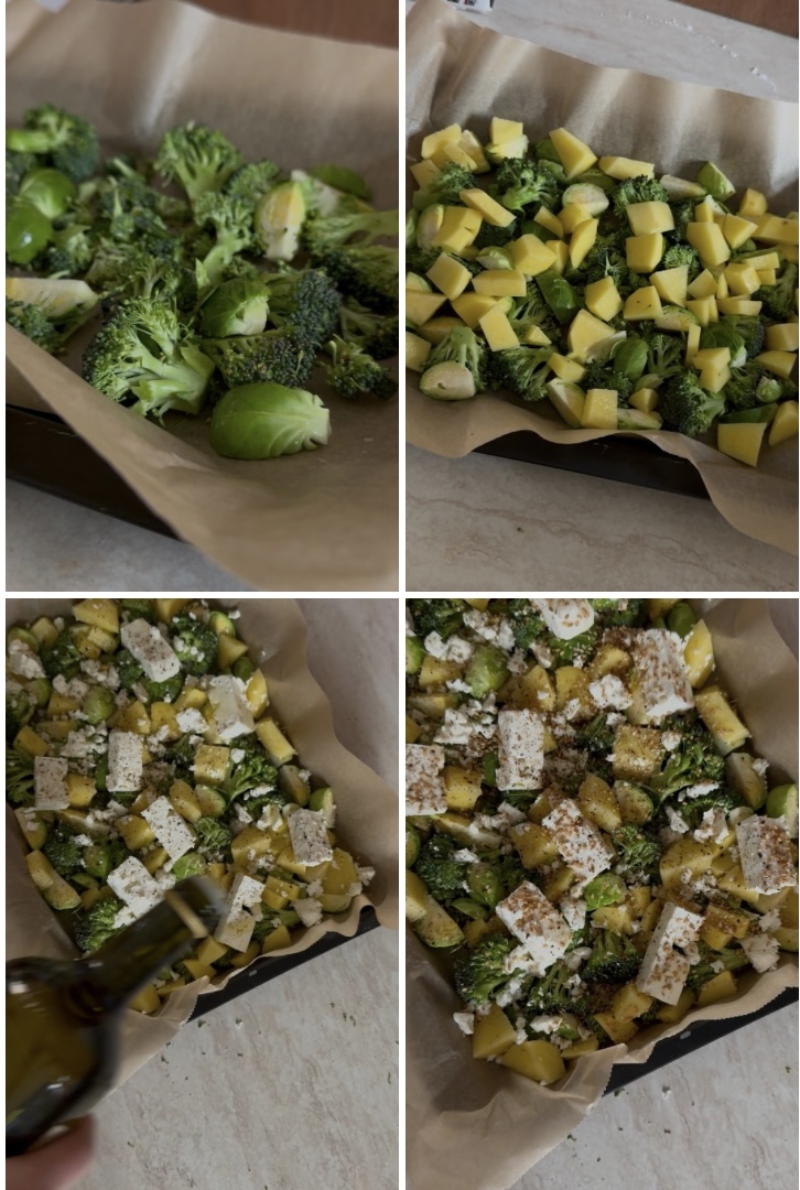 preparazione verdure broccoli cavolini e feta con sesamo al forno
