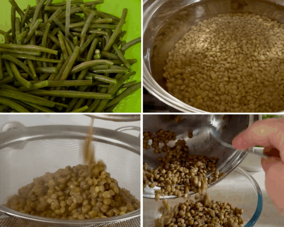 preparazione lenticchie per insalata fagiolini e lenticchie con salsa feta-yogurt