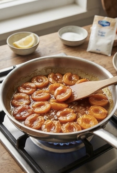 preparazione albicocche caramellate per la torta rovesciata alle albicocche