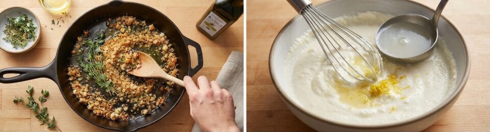 preparazione della pasta con ricotta al limone e crumble di pane alle erbe: La preparazione del crumble di pane, tostato in padella con olio extravergine d'oliva ed erbe aromatiche fresche come timo e maggiorana per ottenere una doratura perfetta.  
la scorza di limone grattugiata aggiunta alla base di ricotta, che infonde gli oli essenziali profumati.  

  
